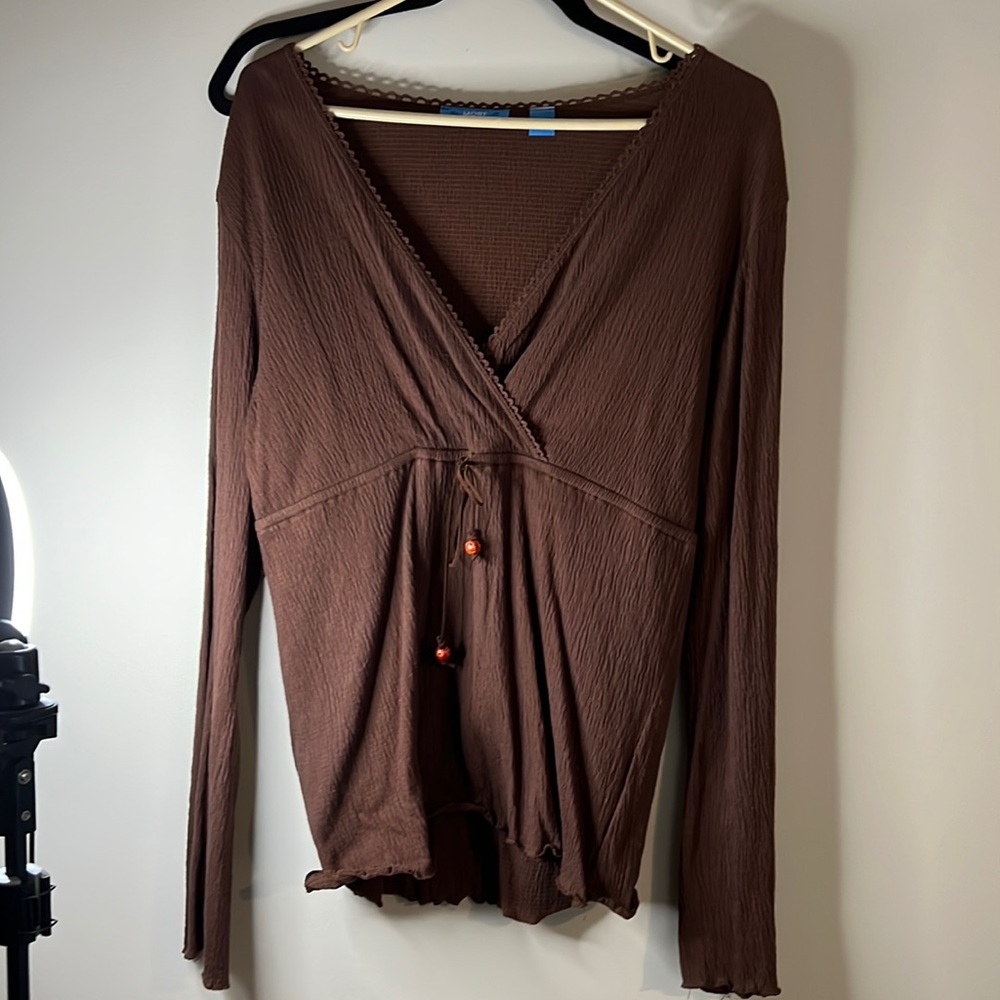 Vintage Women’s Most V-Neck Blouse Large Brown w Beads on Tie Front